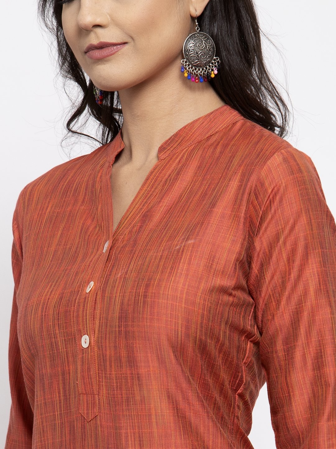 Jompers Women Orange Self-Striped Kurta with Trousers - Distacart