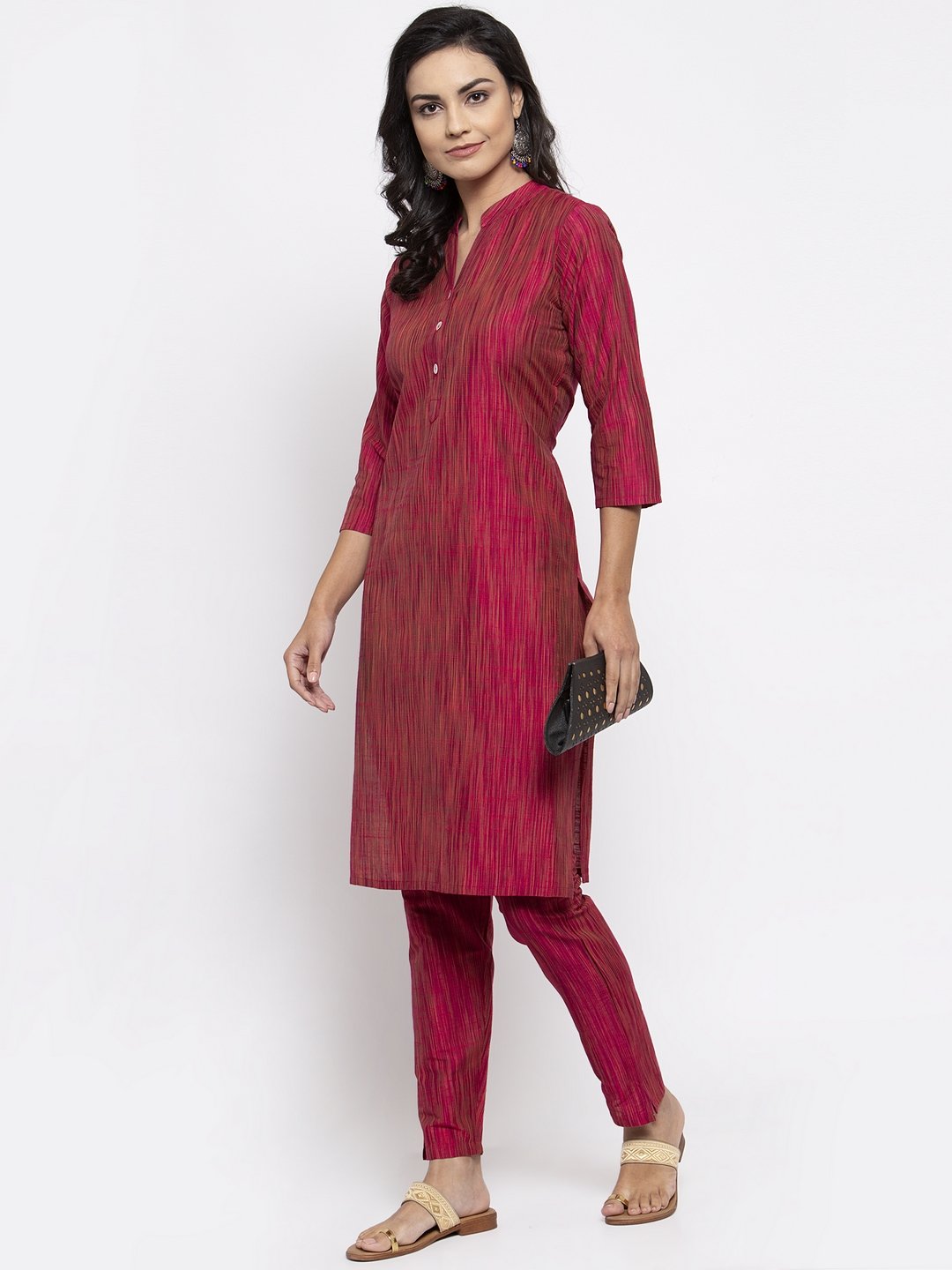 Jompers Women Pink Self-Striped Kurta with Trousers - Distacart