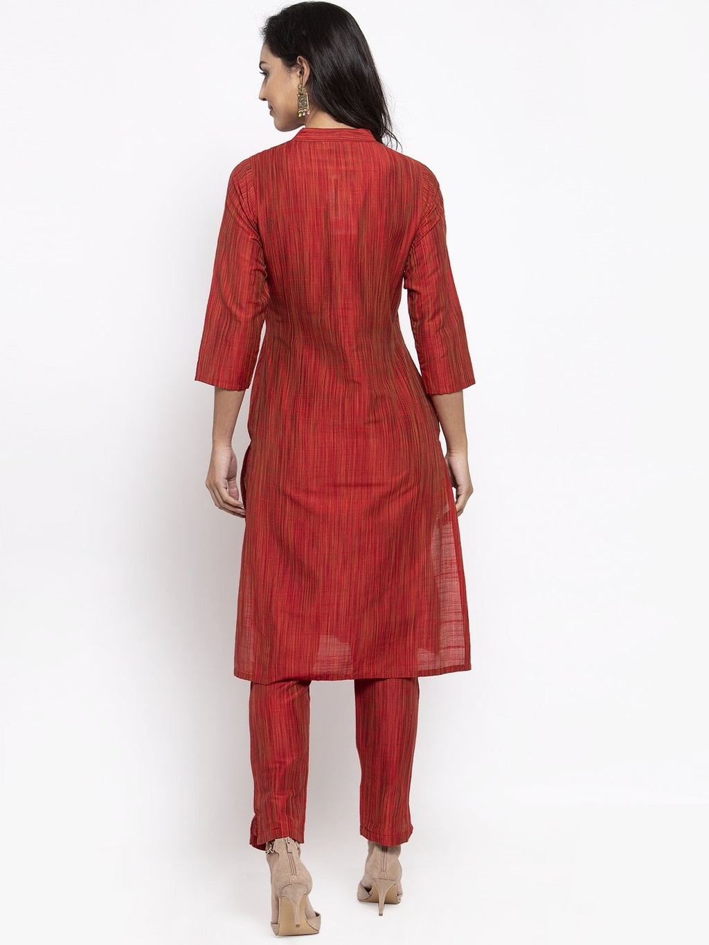 Jompers Women Red Self-Striped Kurta with Trousers - Distacart