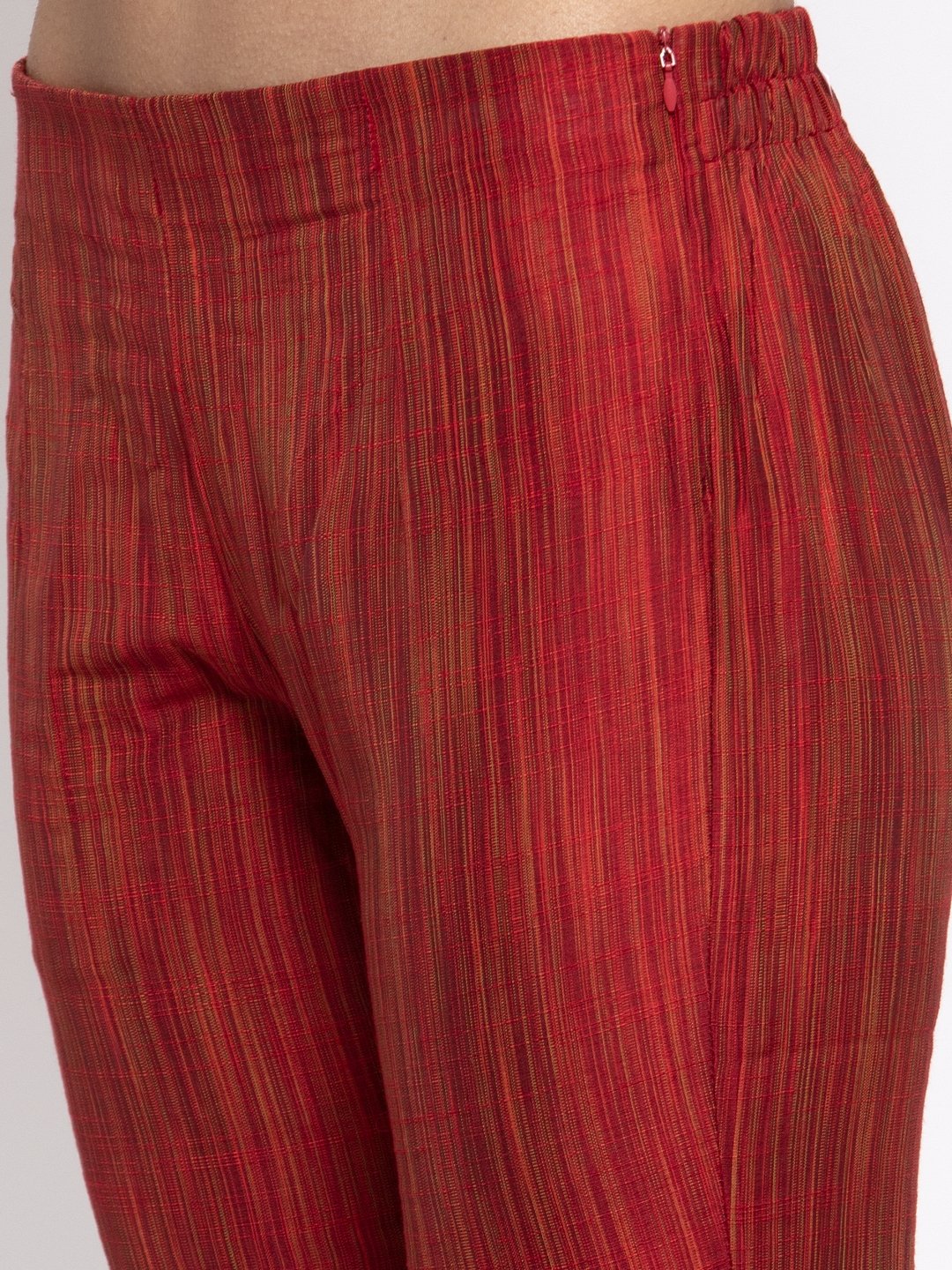 Jompers Women Red Self-Striped Kurta with Trousers - Distacart