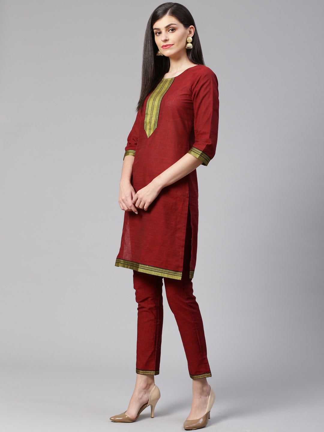 Jompers Women Maroon Yoke Design Kurta with Trousers - Distacart