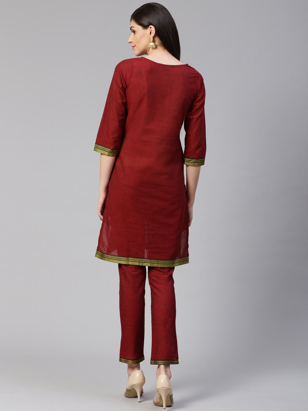 Jompers Women Maroon Yoke Design Kurta with Trousers - Distacart