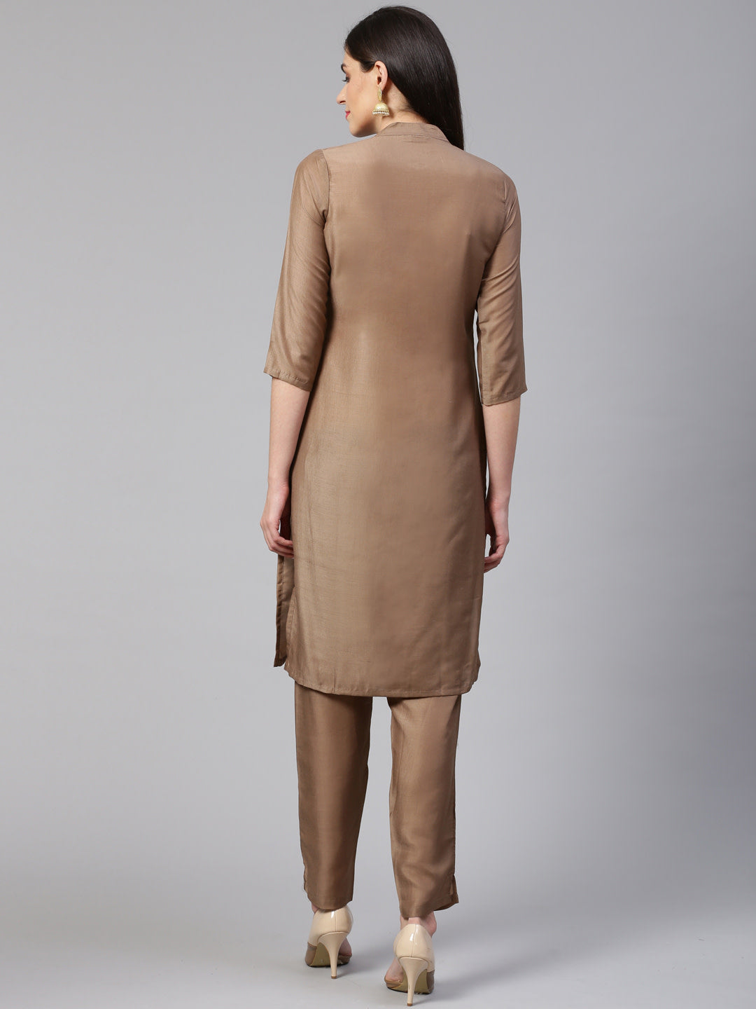 Jompers Women Brown Embroidered Solid Kurta with Trousers - Distacart