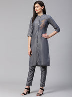 Jompers Women Grey Embroidered Solid Kurta with Trousers - Distacart
