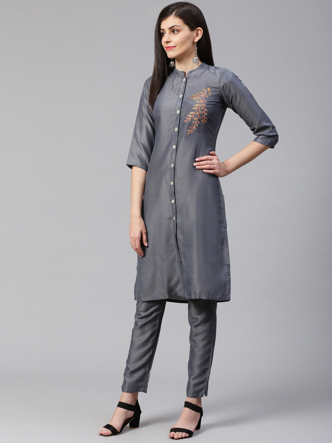 Jompers Women Grey Embroidered Solid Kurta with Trousers - Distacart