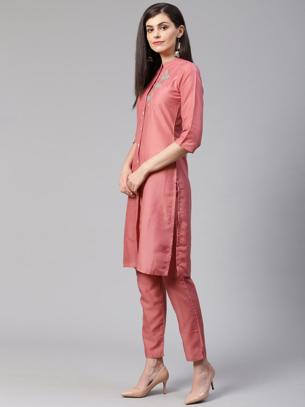 Jompers Women Pink Embroidered Solid Kurta with Trousers - Distacart