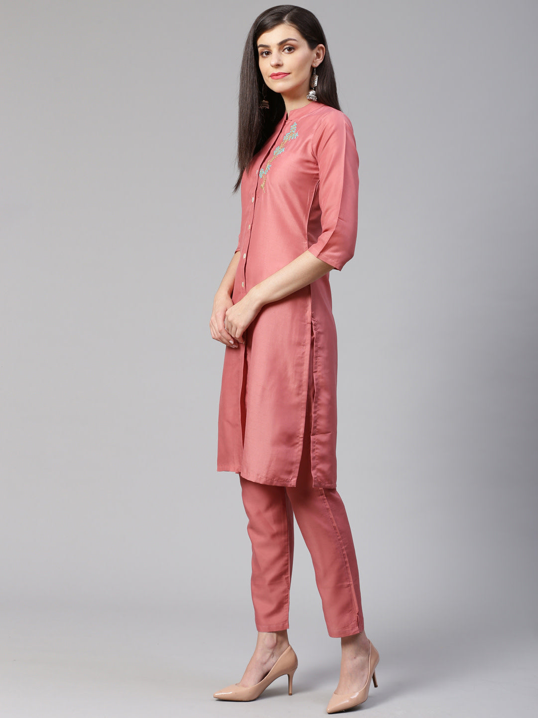 Jompers Women Pink Embroidered Solid Kurta with Trousers - Distacart