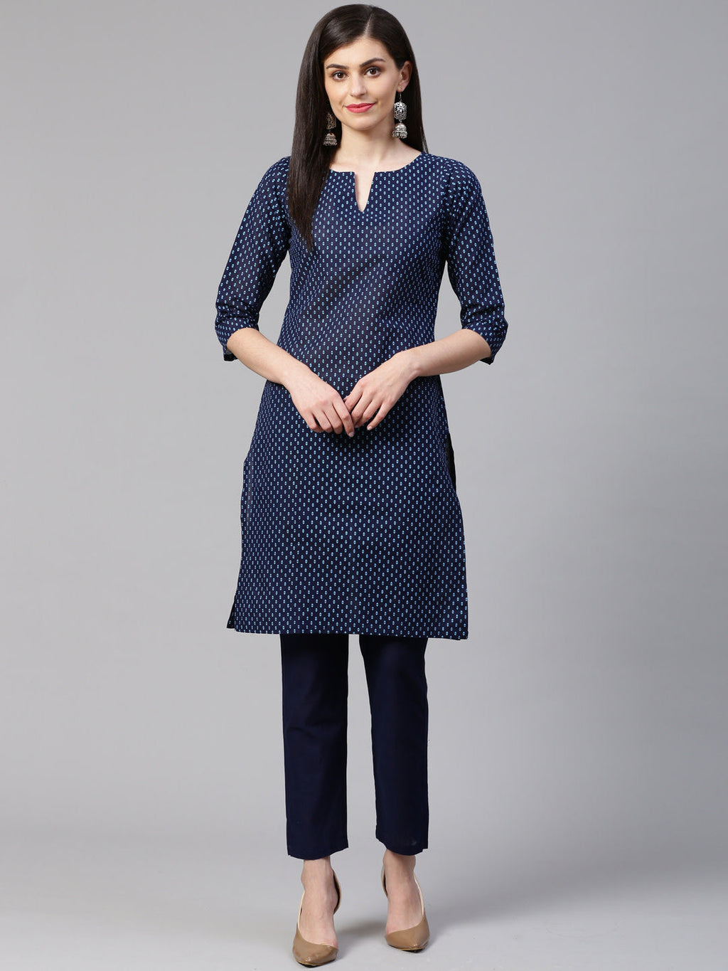 Jompers Women Blue Printed Kurta with Trousers - Distacart