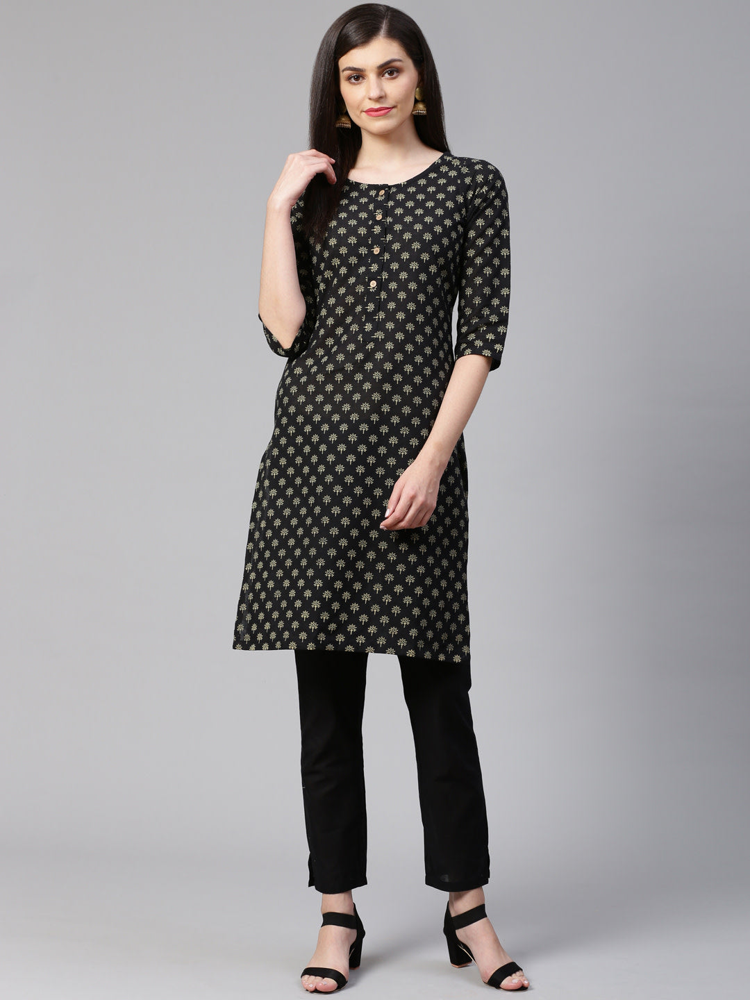 Jompers Women Black and Beige Printed Kurta with Trousers - Distacart