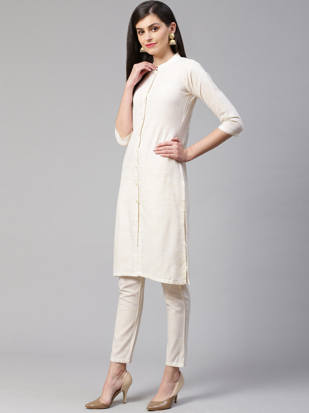 Jompers Women Off-White Woven Design Kurta with Trousers - Distacart