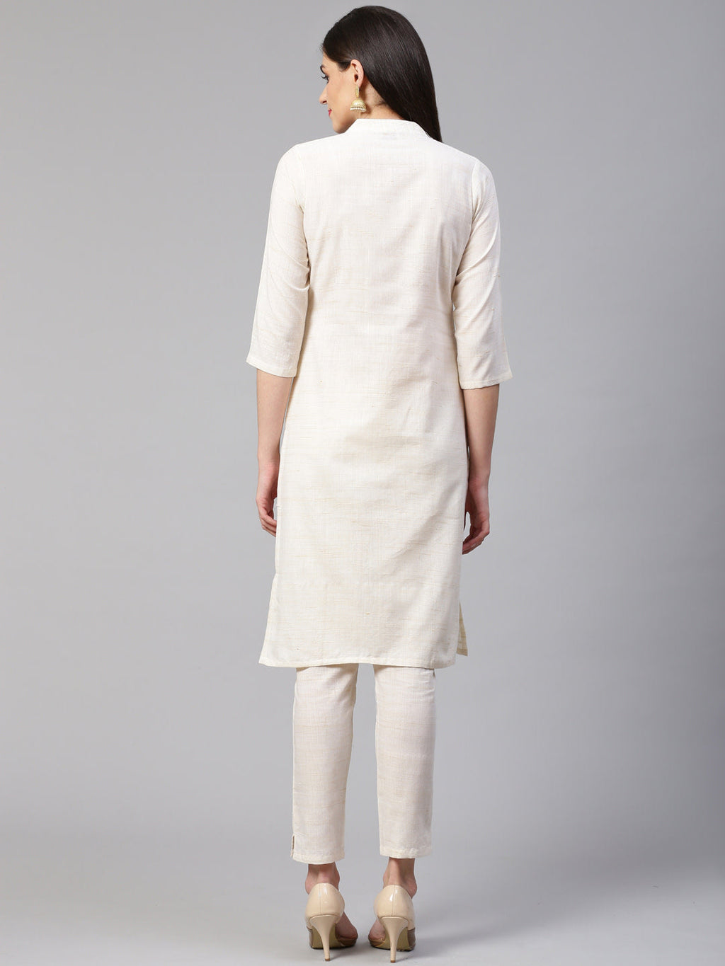 Jompers Women Off-White Woven Design Kurta with Trousers - Distacart