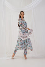 Jompers Women's Green Floral Printed Sequinned Kurta with Trousers & Dupatta & Belt - Distacart