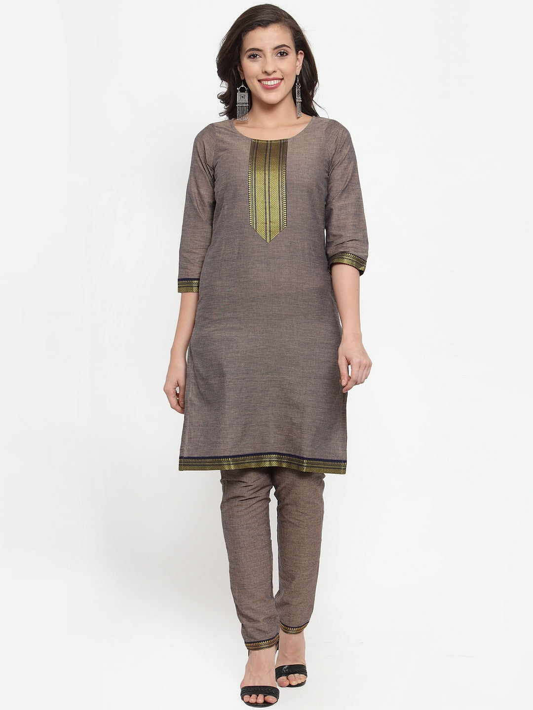 Jompers Women Grey Solid Kurta with Trousers & Dupatta - Distacart