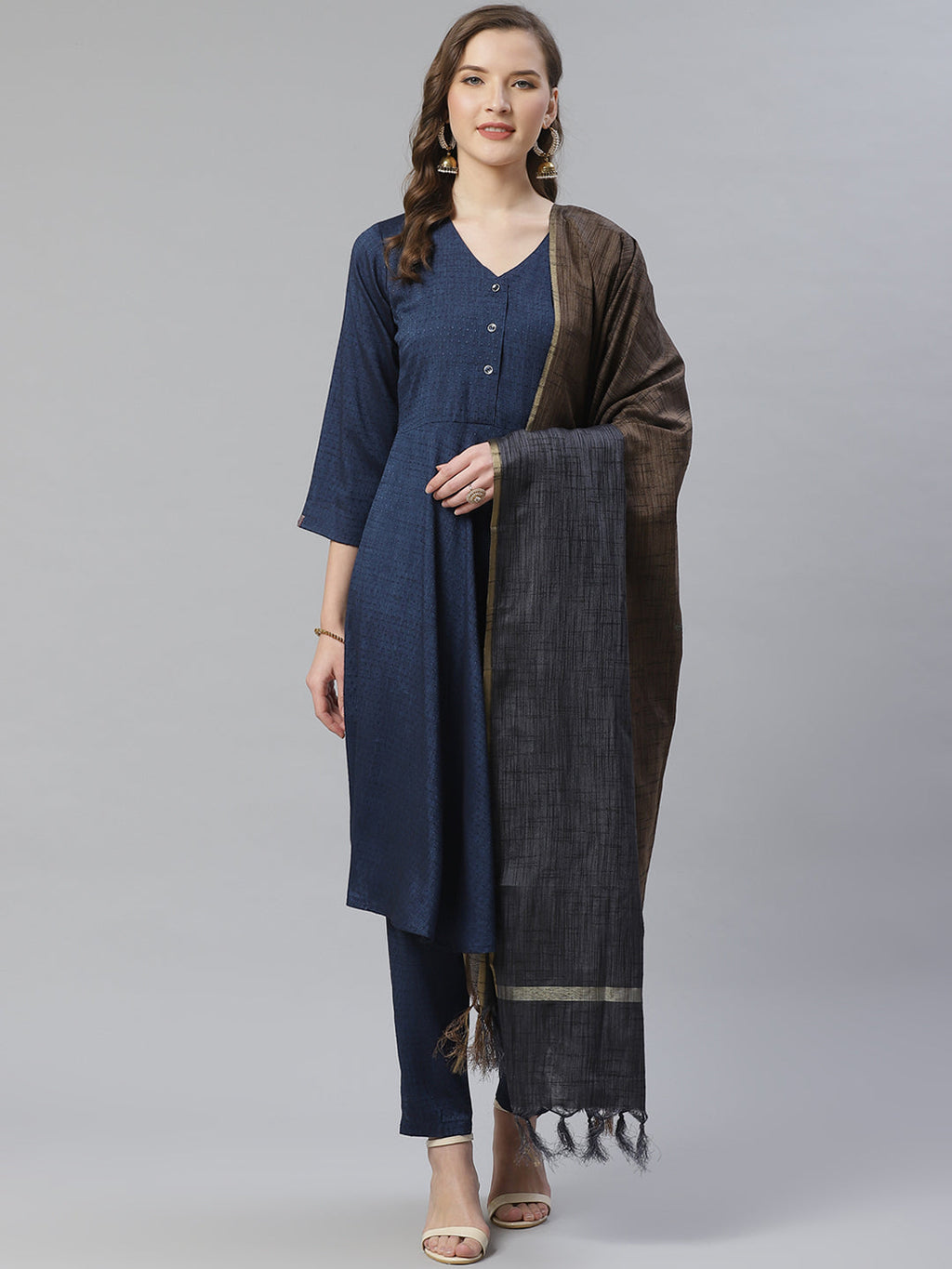 Jompers Women Navy Blue & Charcoal Grey Self Design Kurta with Trousers & Dupatta - Distacart