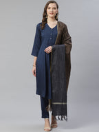 Jompers Women Navy Blue & Charcoal Grey Self Design Kurta with Trousers & Dupatta - Distacart