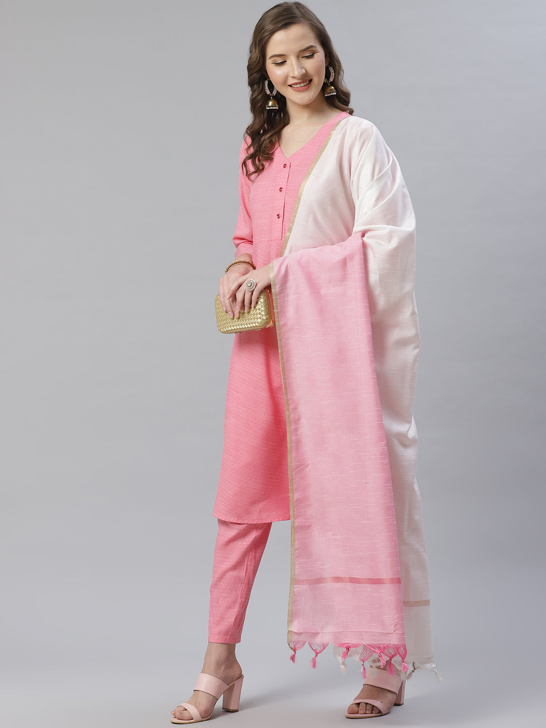 Jompers Women Pink & White Self Design Kurta with Trousers & Dupatta - Distacart
