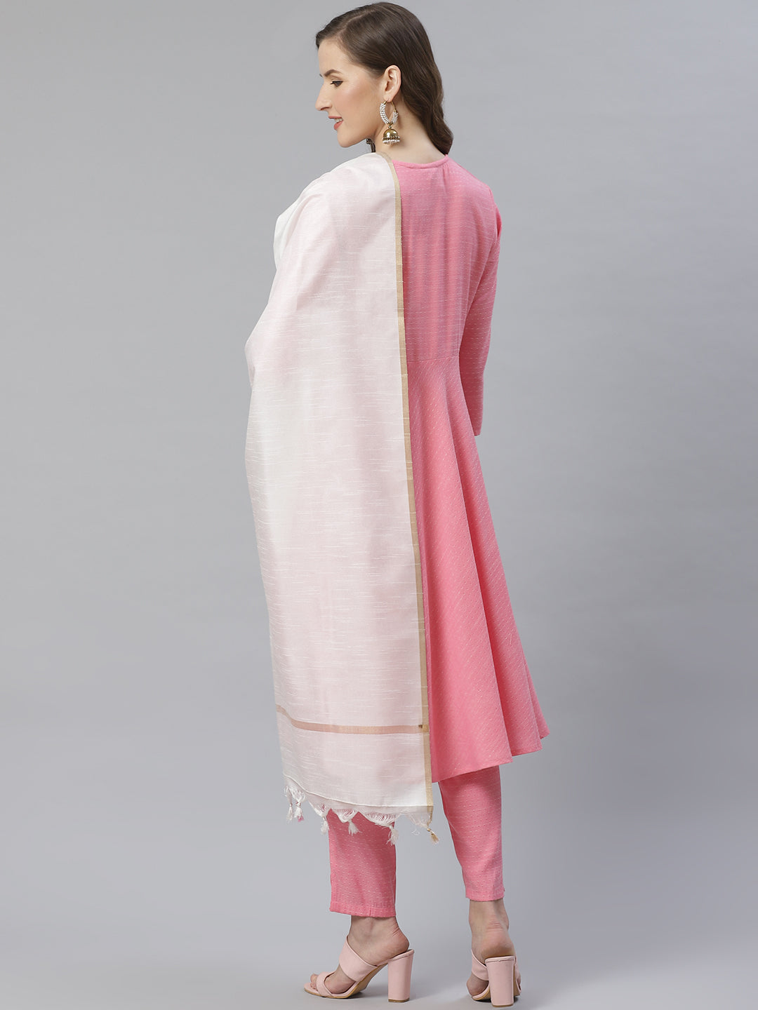 Jompers Women Pink & White Self Design Kurta with Trousers & Dupatta - Distacart
