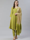 Jompers Women Green & Beige Self Design Kurta with Trousers & Dupatta - Distacart