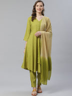 Jompers Women Green & Beige Self Design Kurta with Trousers & Dupatta - Distacart