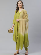 Jompers Women Green & Beige Self Design Kurta with Trousers & Dupatta - Distacart