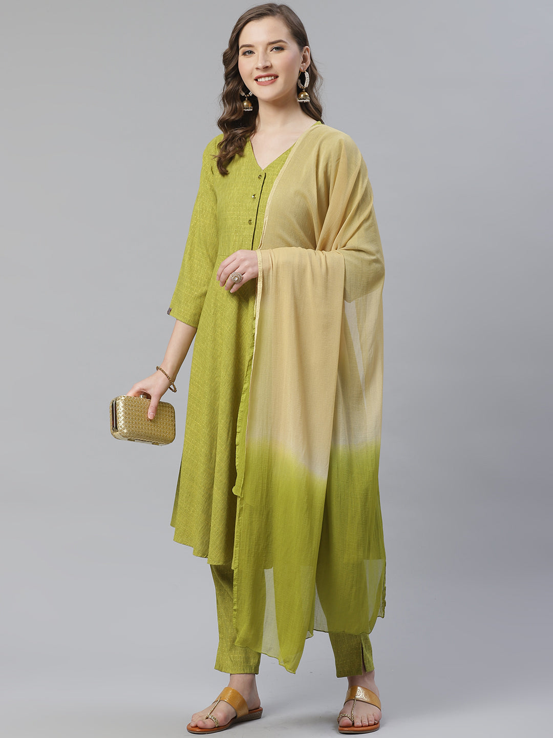 Jompers Women Green & Beige Self Design Kurta with Trousers & Dupatta - Distacart