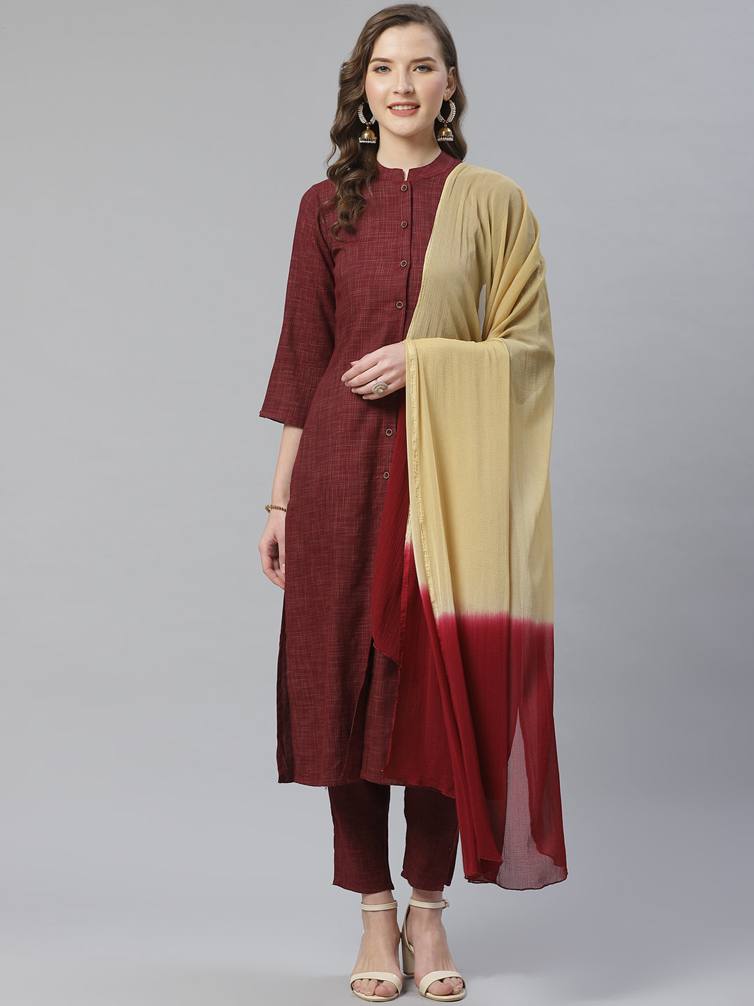 Jompers Women Burgundy & Beige Self Checked Kurta with Trousers & Dupatta - Distacart