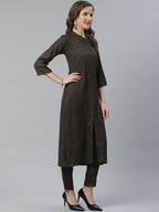 Jompers Women Charcoal Grey & Beige Self Checked Kurta with Trousers & Dupatta (Olive) - Distacart