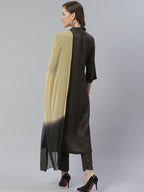 Jompers Women Charcoal Grey & Beige Self Checked Kurta with Trousers & Dupatta (Olive) - Distacart
