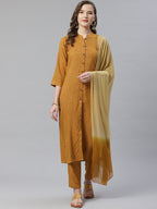 Jompers Women Mustard & Beige Self Checked Kurta with Trousers & Dupatta - Distacart