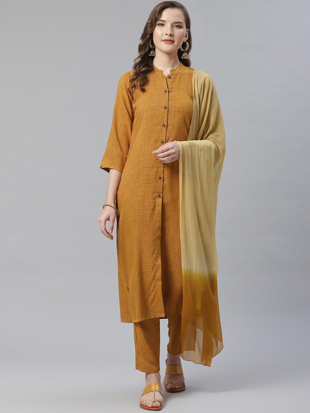 Jompers Women Mustard & Beige Self Checked Kurta with Trousers & Dupatta - Distacart
