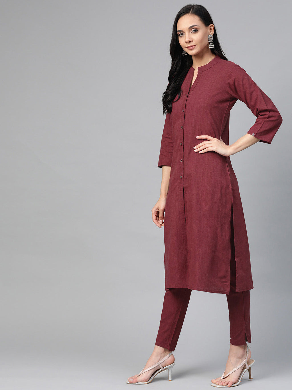 Jompers Women Maroon & Grey Solid Kurta with Trousers & Dupatta - Distacart