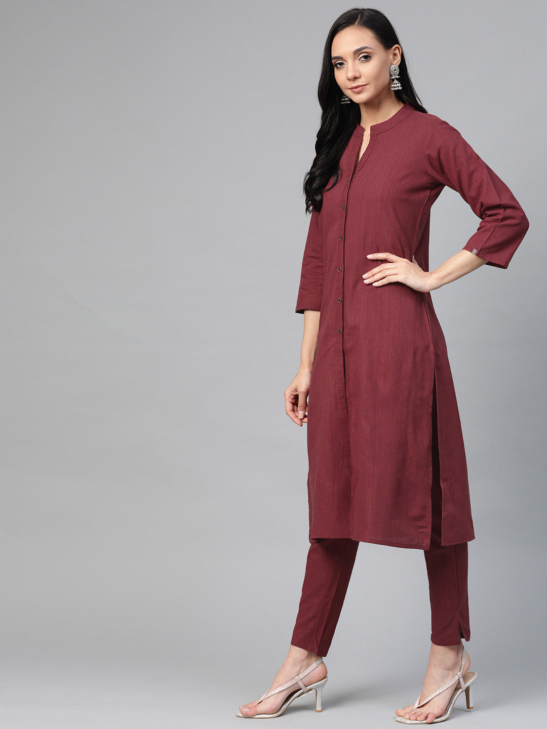 Jompers Women Maroon & Grey Solid Kurta with Trousers & Dupatta - Distacart