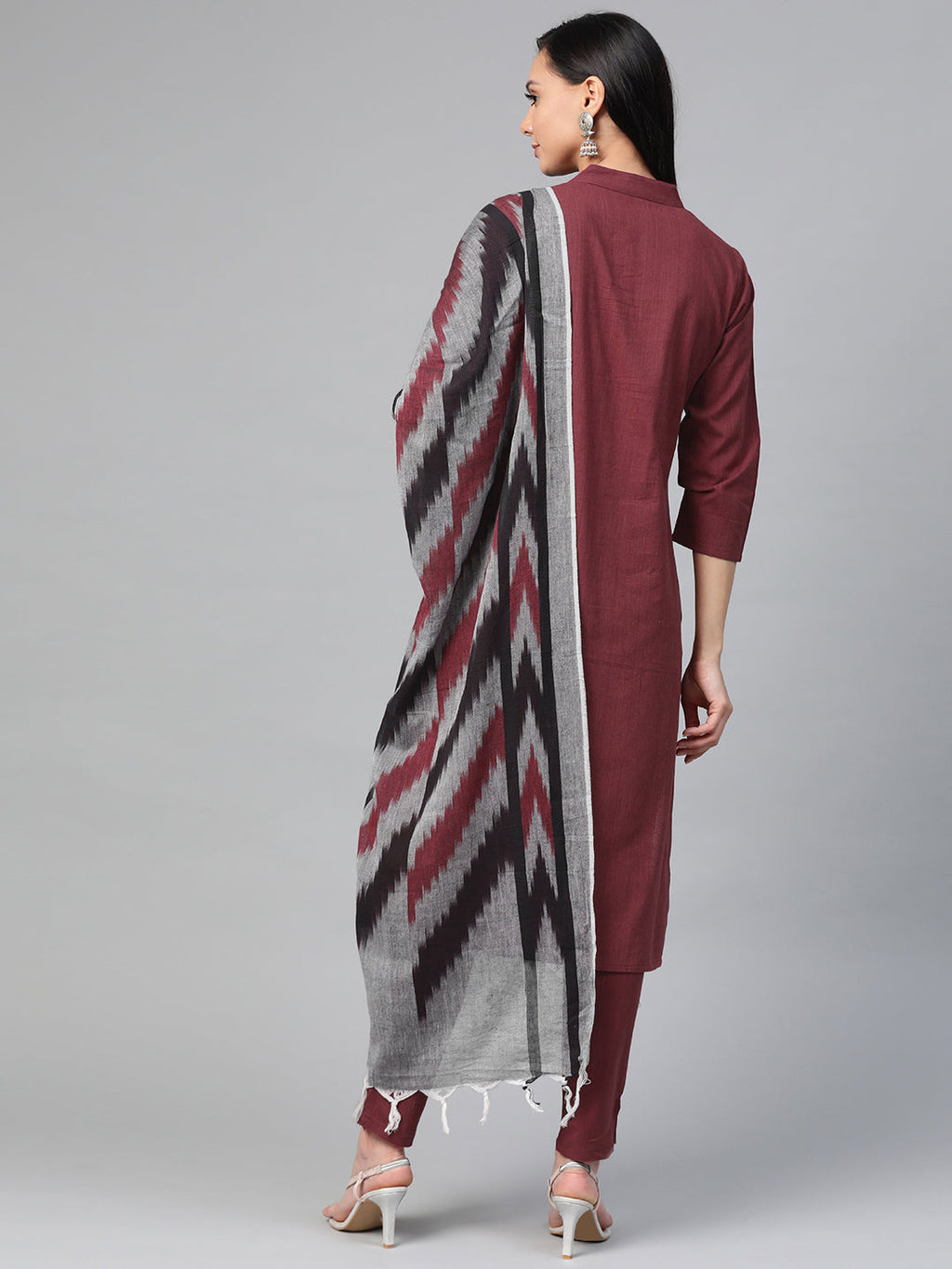 Jompers Women Maroon & Grey Solid Kurta with Trousers & Dupatta - Distacart