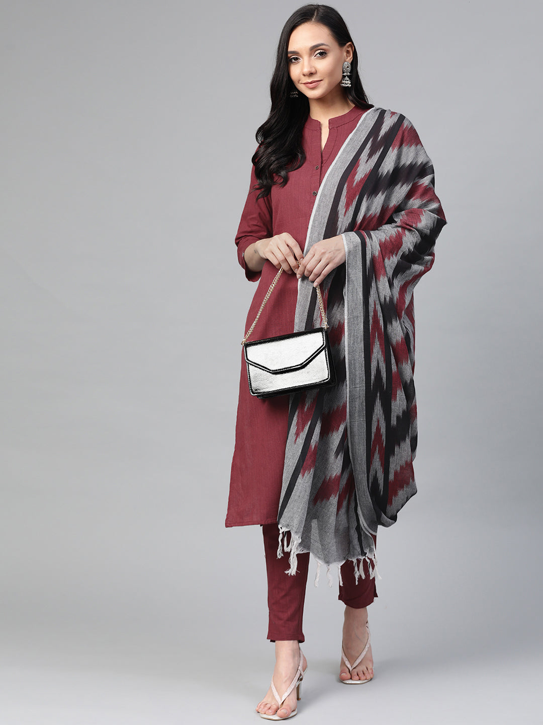 Jompers Women Maroon & Grey Solid Kurta with Trousers & Dupatta - Distacart