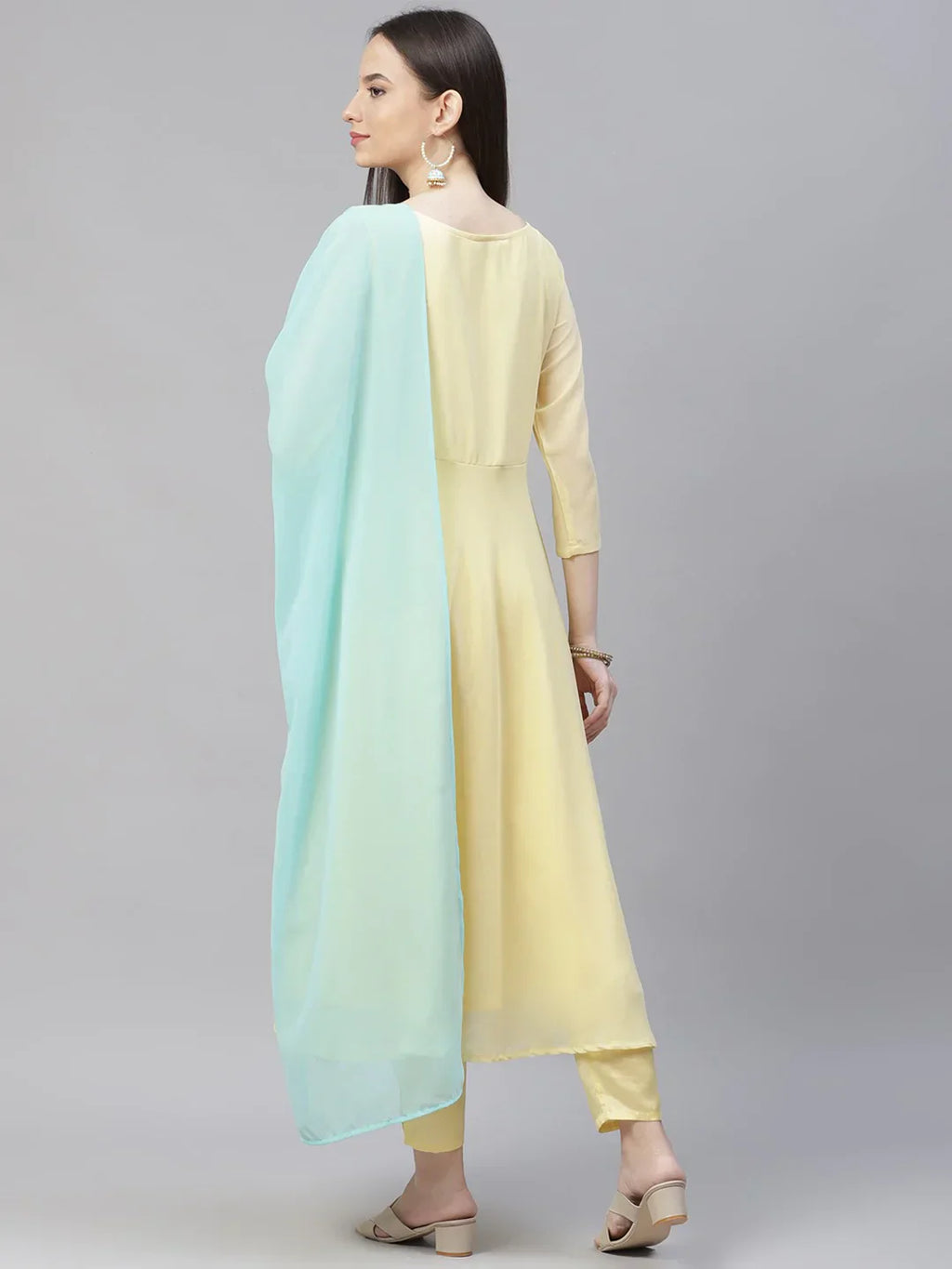 Jompers Women's Yellow Embroidered Regular Sequinned Kurta with Trousers & Dupatta