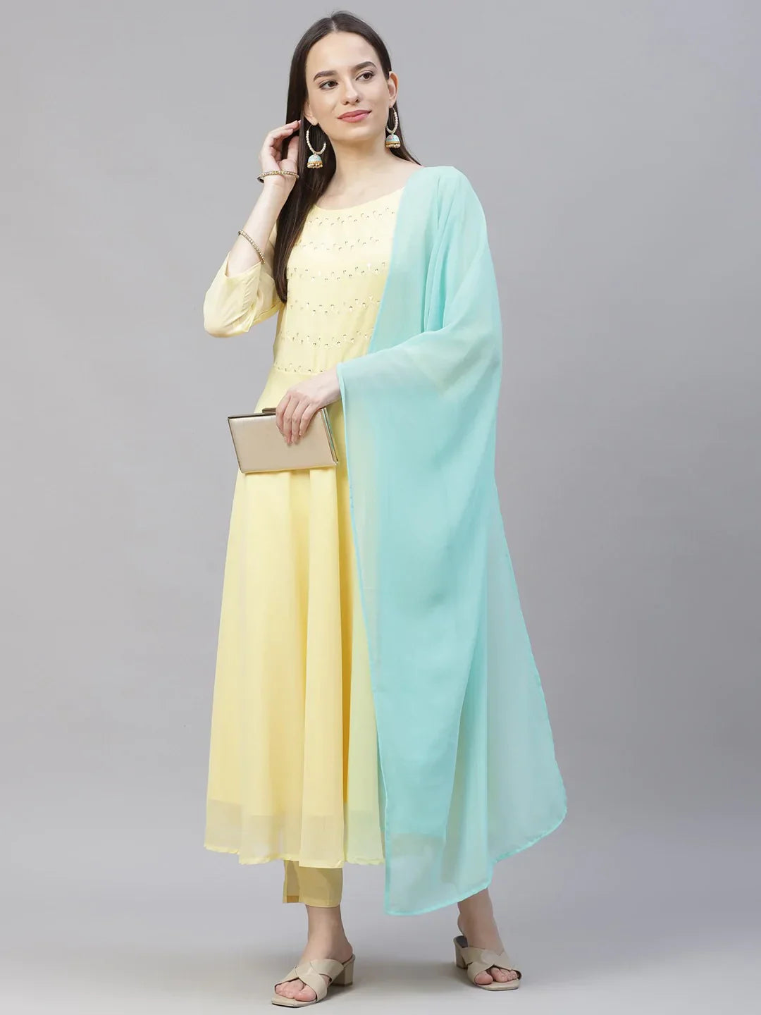 Jompers Women's Yellow Embroidered Regular Sequinned Kurta with Trousers & Dupatta