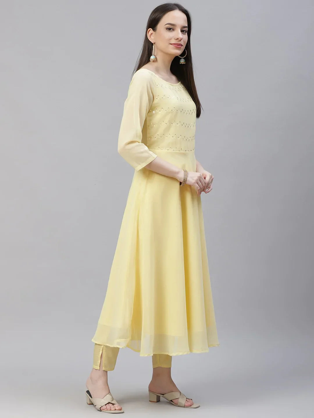 Jompers Women's Yellow Embroidered Regular Sequinned Kurta with Trousers & Dupatta