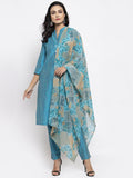 Jompers Women Blue & Green Self-Striped Kurta with Trousers & Printed Dupatta - Distacart