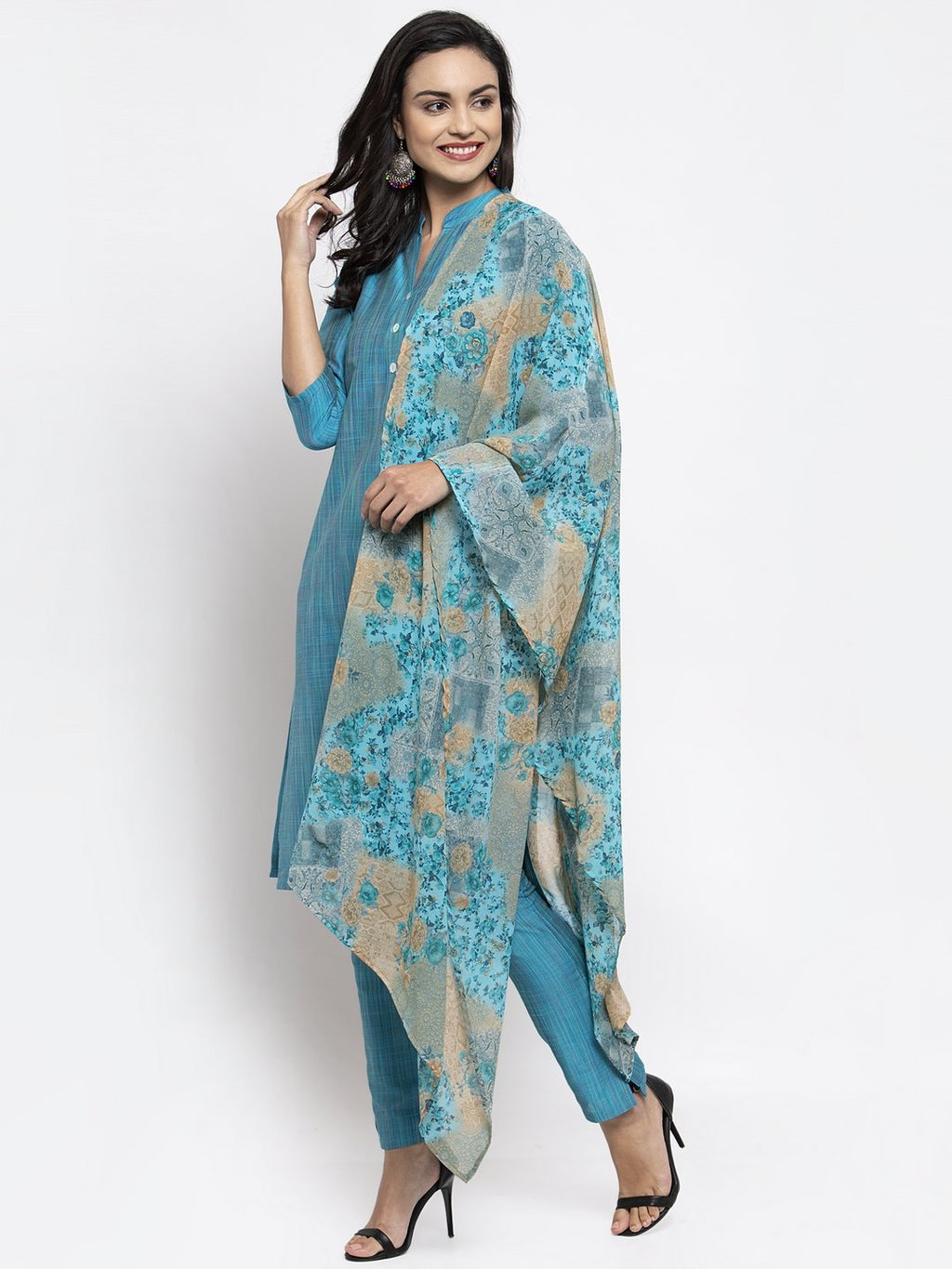 Jompers Women Blue & Green Self-Striped Kurta with Trousers & Printed Dupatta - Distacart