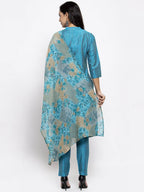 Jompers Women Blue & Green Self-Striped Kurta with Trousers & Printed Dupatta - Distacart