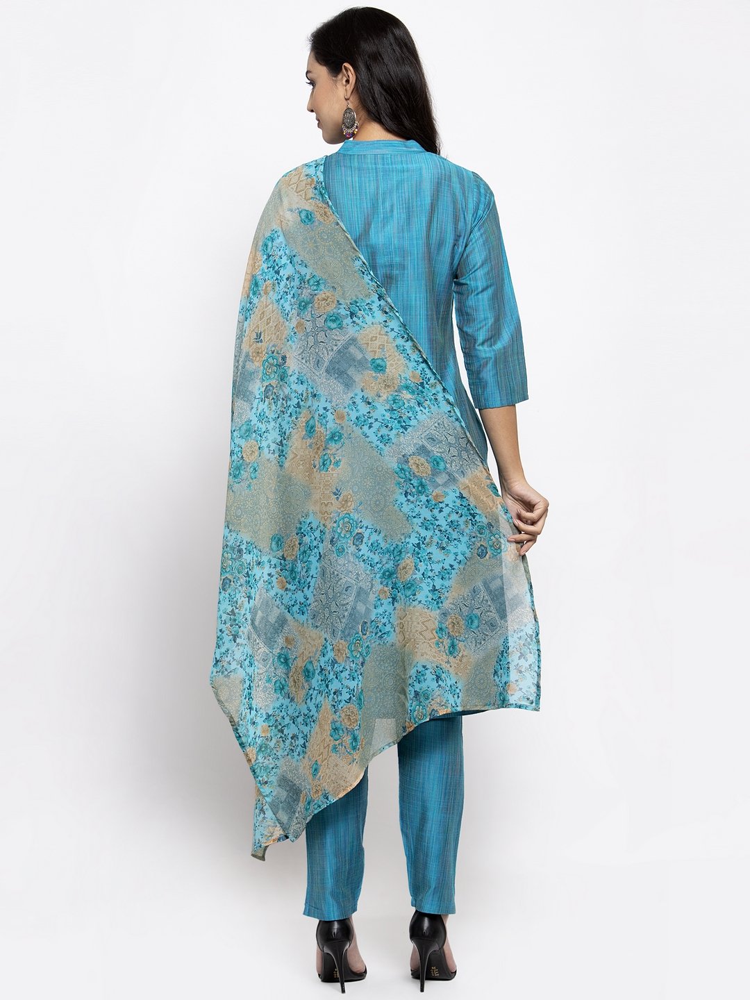 Jompers Women Blue & Green Self-Striped Kurta with Trousers & Printed Dupatta - Distacart