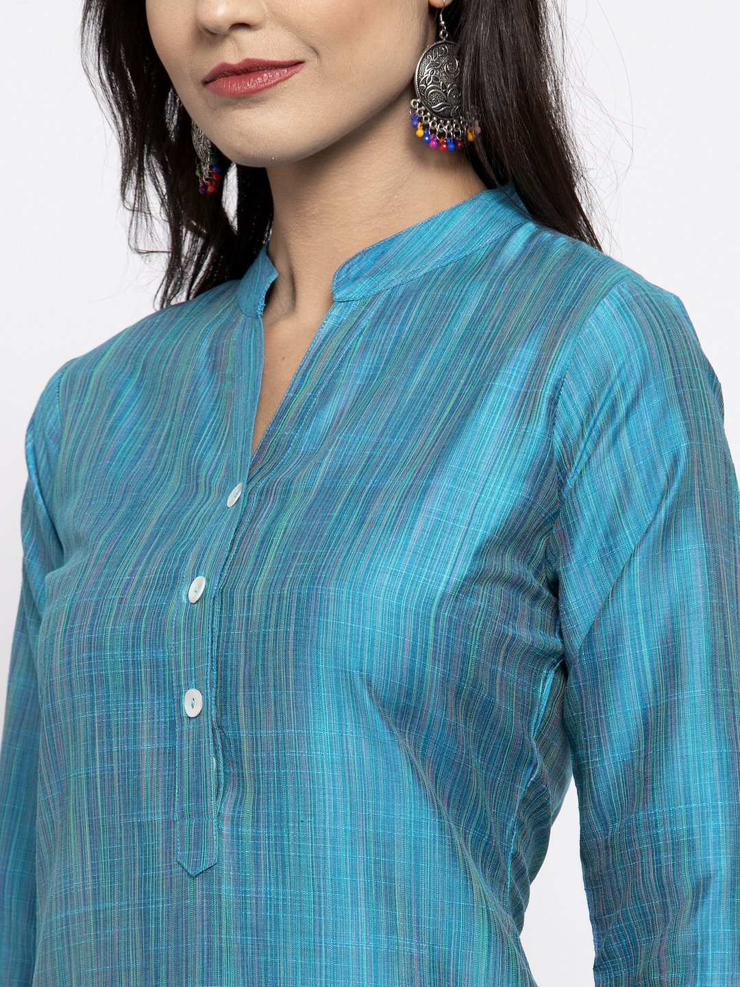 Jompers Women Blue & Green Self-Striped Kurta with Trousers & Printed Dupatta - Distacart