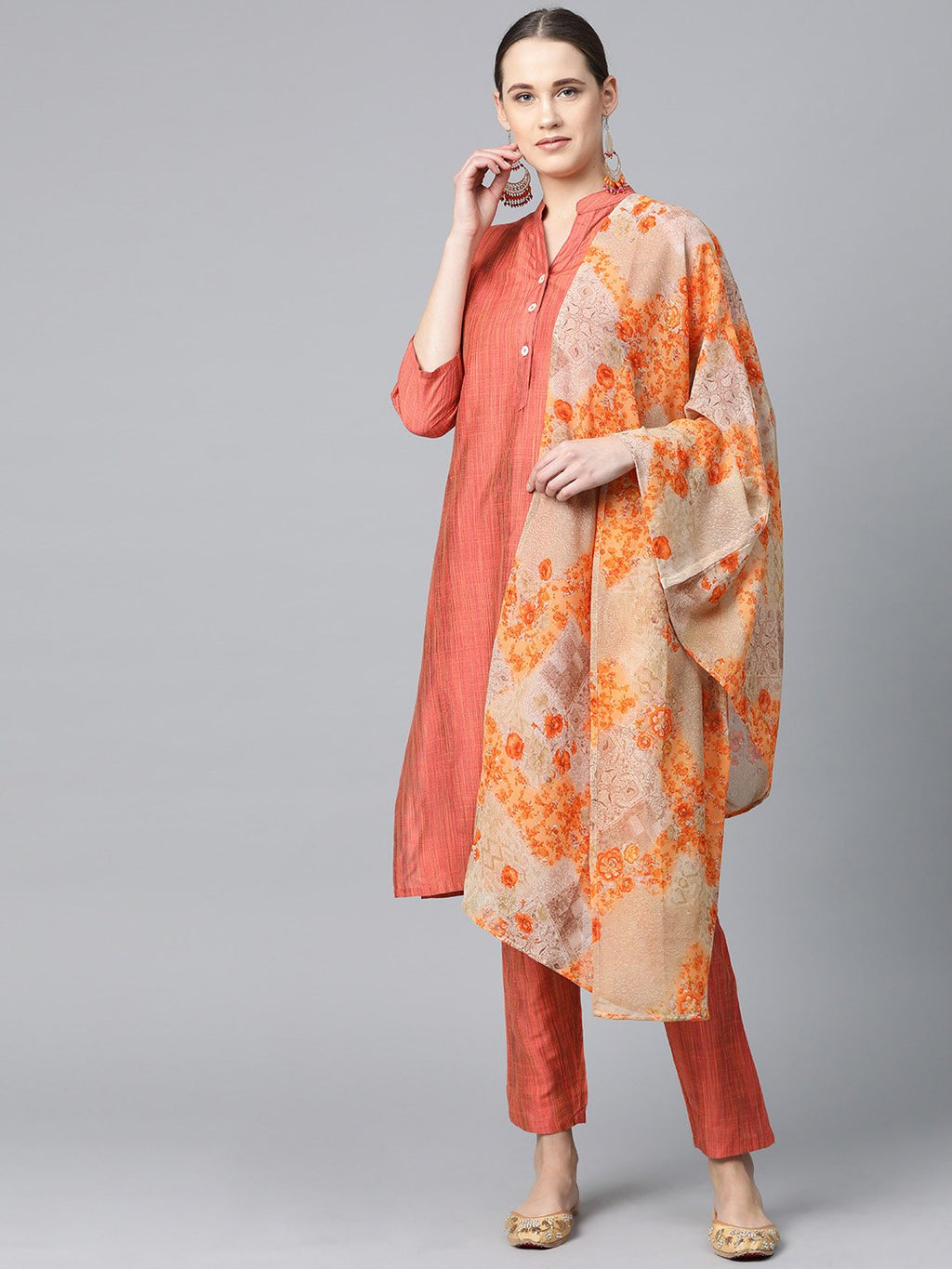 Jompers Women Rust Orange & Beige Self-Striped Kurta with Trousers & Dupatta - Distacart