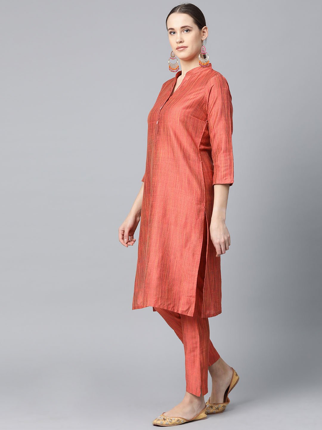 Jompers Women Rust Orange & Beige Self-Striped Kurta with Trousers & Dupatta - Distacart