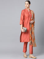 Jompers Women Rust Orange & Beige Self-Striped Kurta with Trousers & Dupatta - Distacart