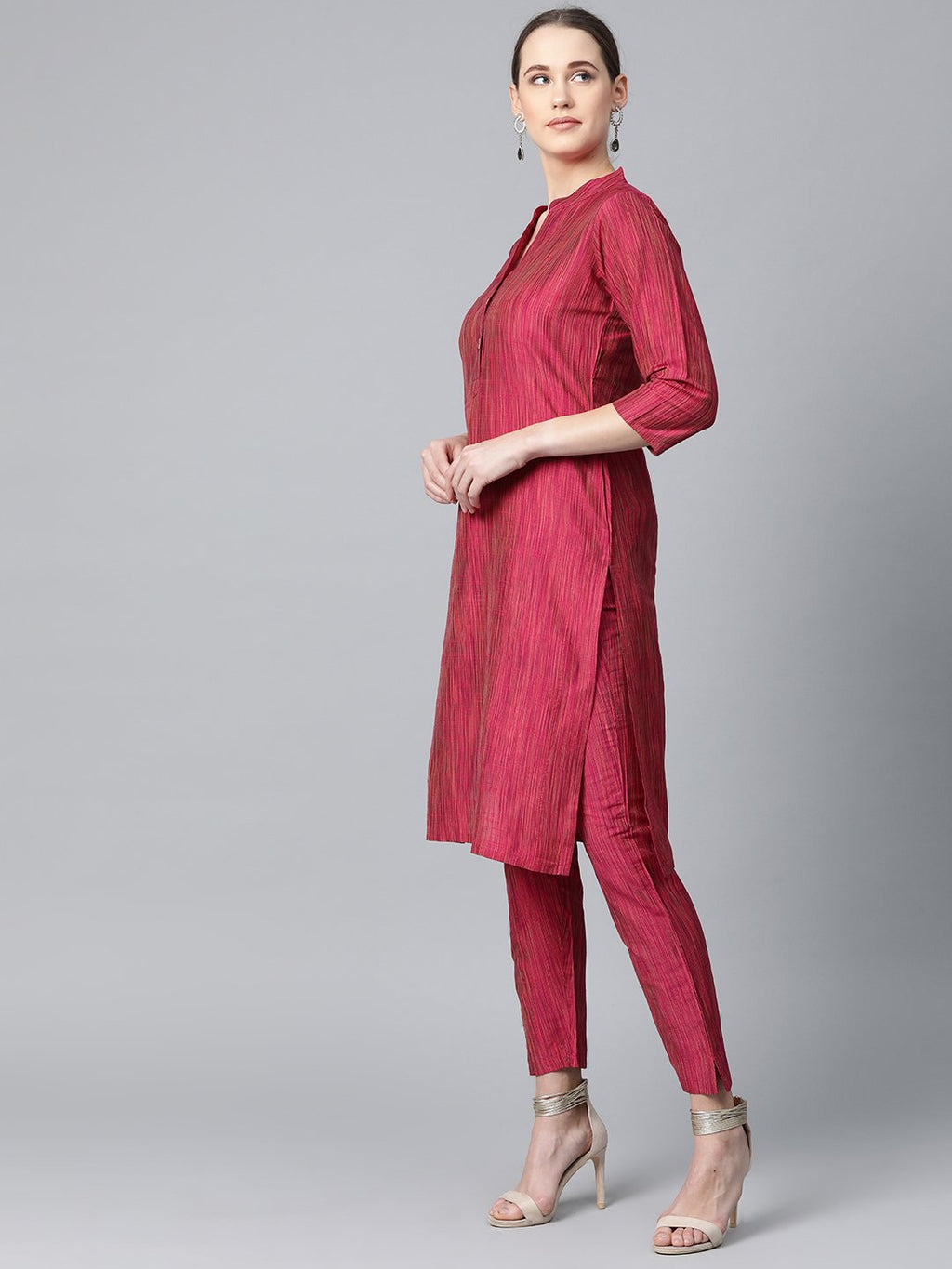 Jompers Women Pink & Beige Self-Striped Kurta with Trousers & Dupatta - Distacart