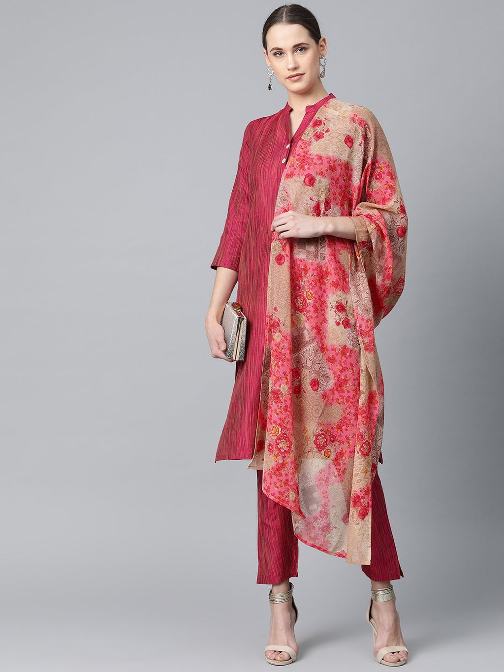 Jompers Women Pink & Beige Self-Striped Kurta with Trousers & Dupatta - Distacart