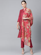Jompers Women Pink & Beige Self-Striped Kurta with Trousers & Dupatta - Distacart
