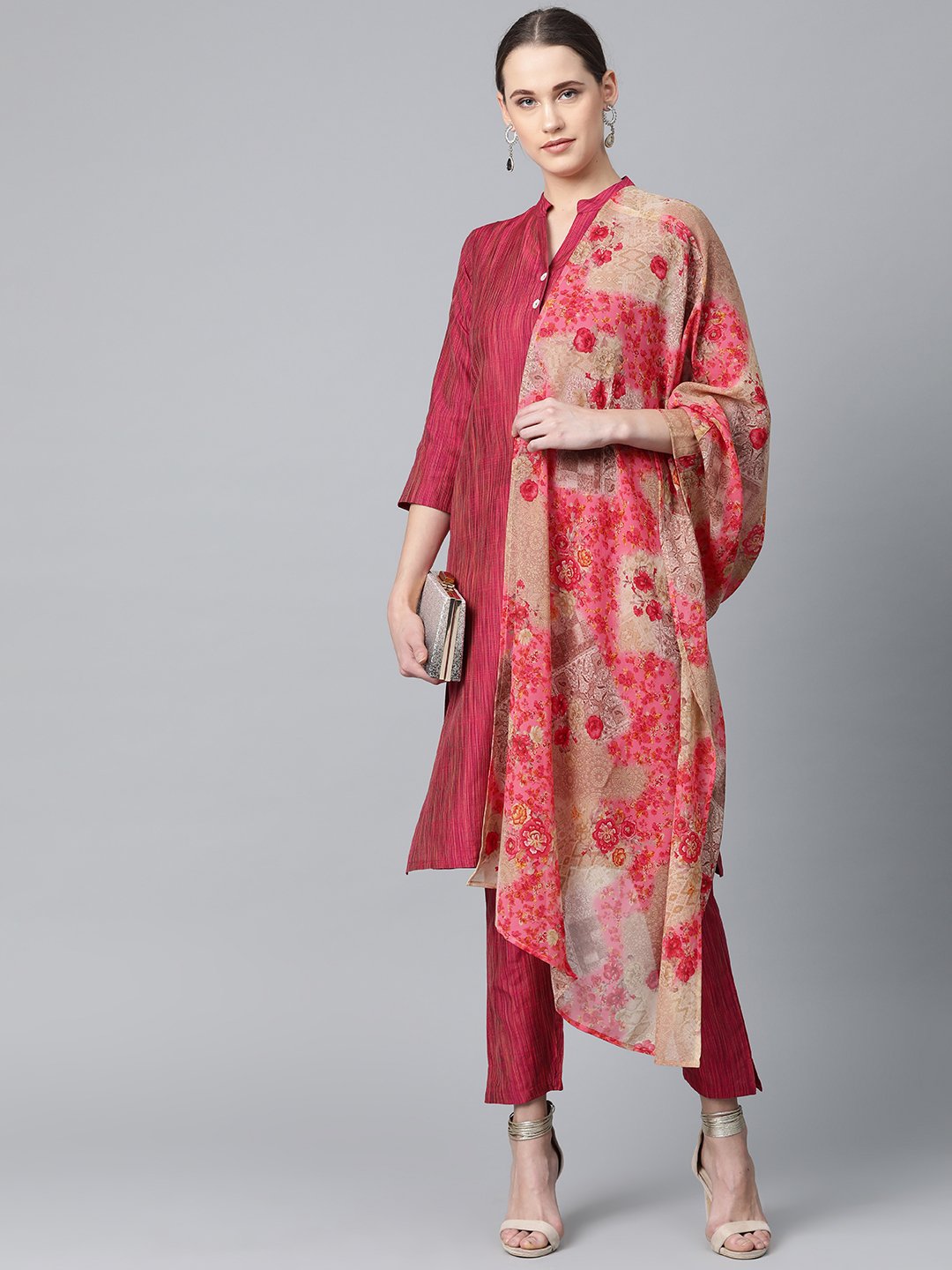 Jompers Women Pink & Beige Self-Striped Kurta with Trousers & Dupatta - Distacart