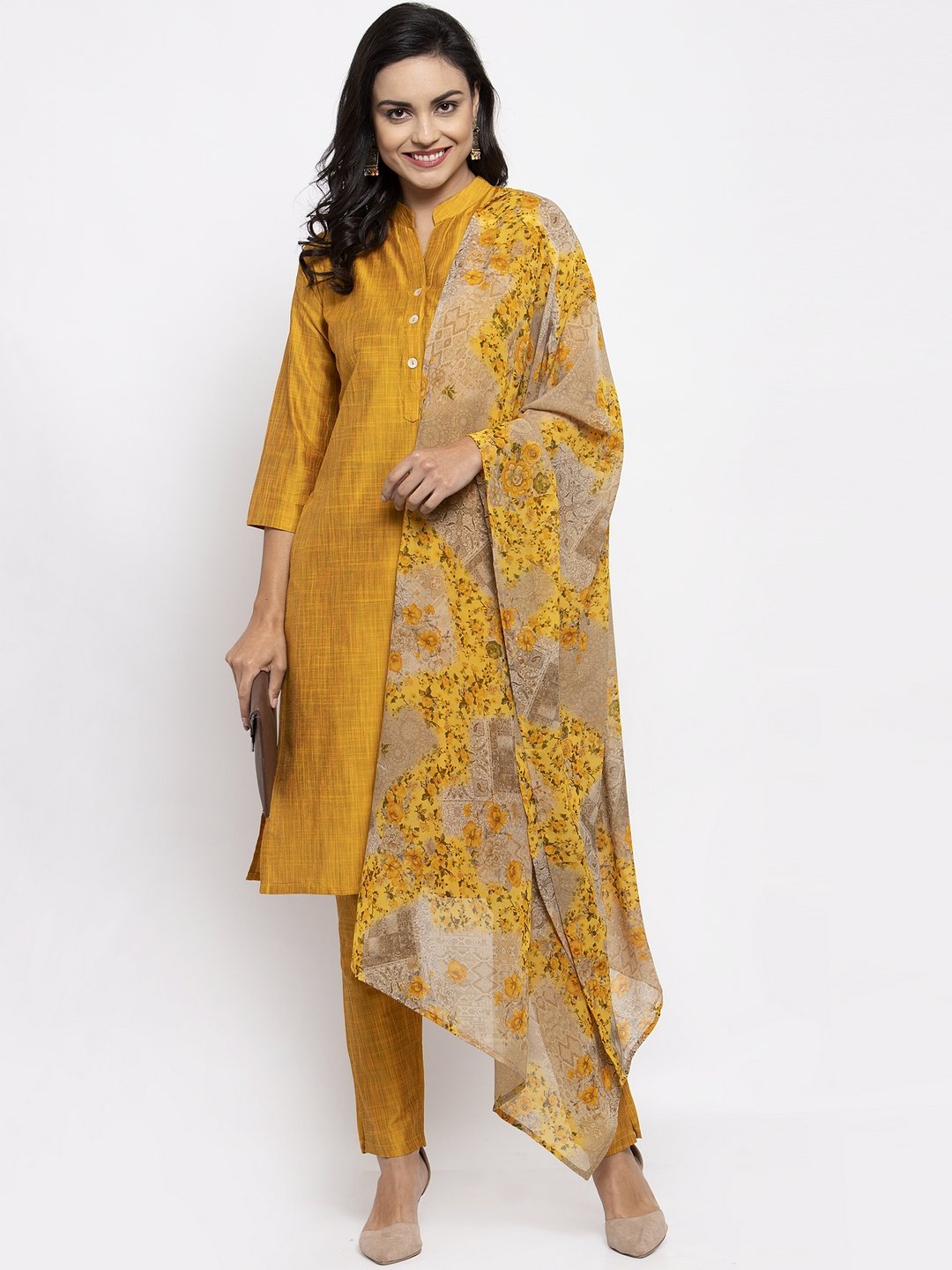 Jompers Women Yellow Self-Striped Kurta with Trousers & Floral Gorgette Dupatta - Distacart